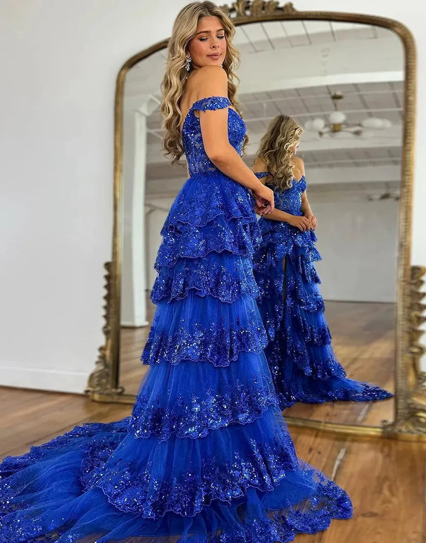 Wholesale Charming A-Line Sweep Train Long Tiered Prom Dress With Split long prom dresses with sleeves